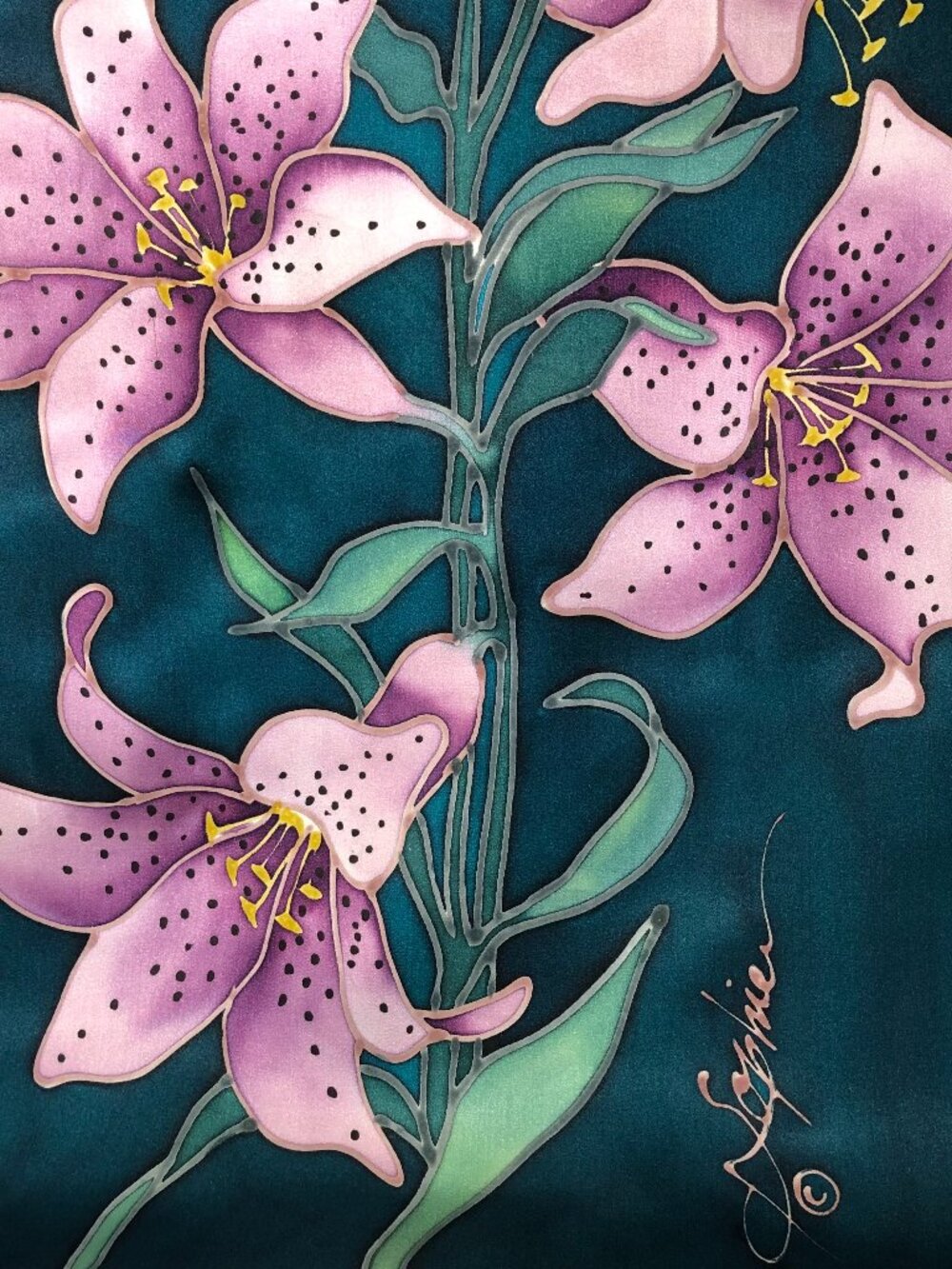 Silk Scarf Handpainted Sophie 56x13 Teal Purple Flower Lily Art